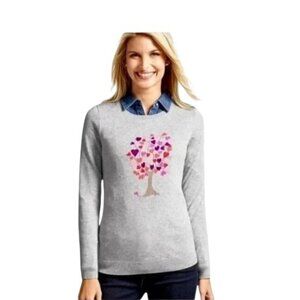Talbots Light Gray Crewneck Sweater with Pink Heart Tree Motif
